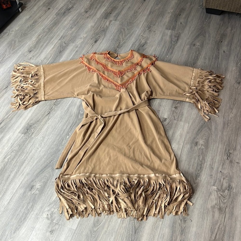 Fringed Taupe Women's Dress with Orange Trim